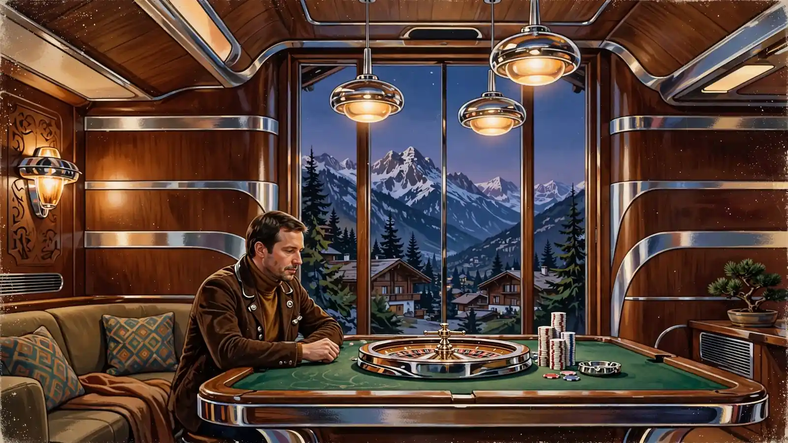 Österreichische Alpen-Lounge mit Rouletterad und Spielchips auf grünem Filztisch