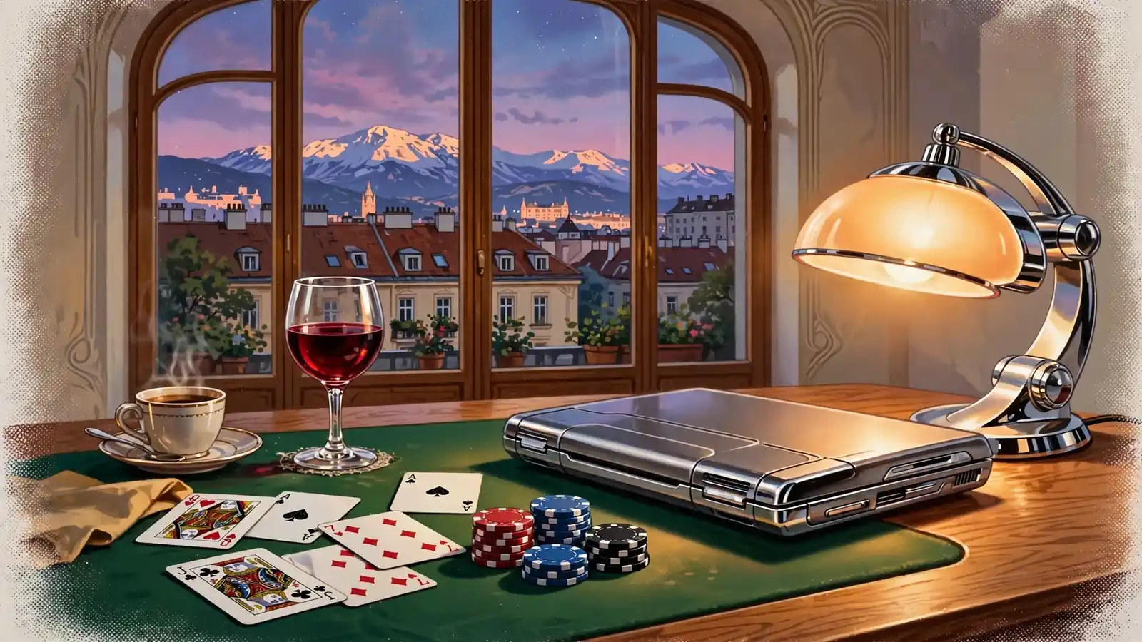 Holztisch mit Spielkarten, Pokerchips und geschlossenem Laptop vor Fenster mit alpiner Dachlandschaft