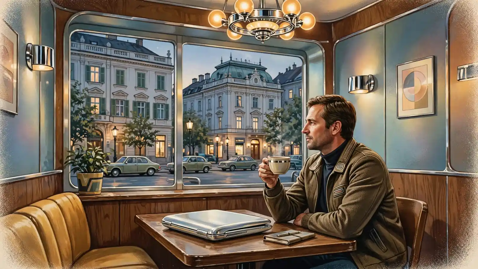 Mann in einem Wiener Kaffeehaus abends mit Laptop und Kaffee