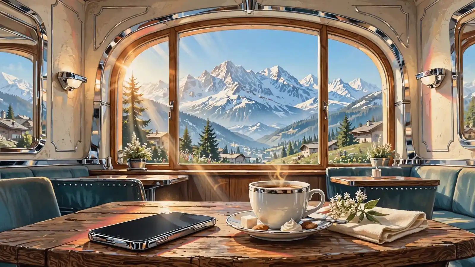 Smartphone mit abgewandtem Bildschirm auf einem Holztisch in einem Wiener Kaffeehaus, Alpenpanorama durch das Fenster.