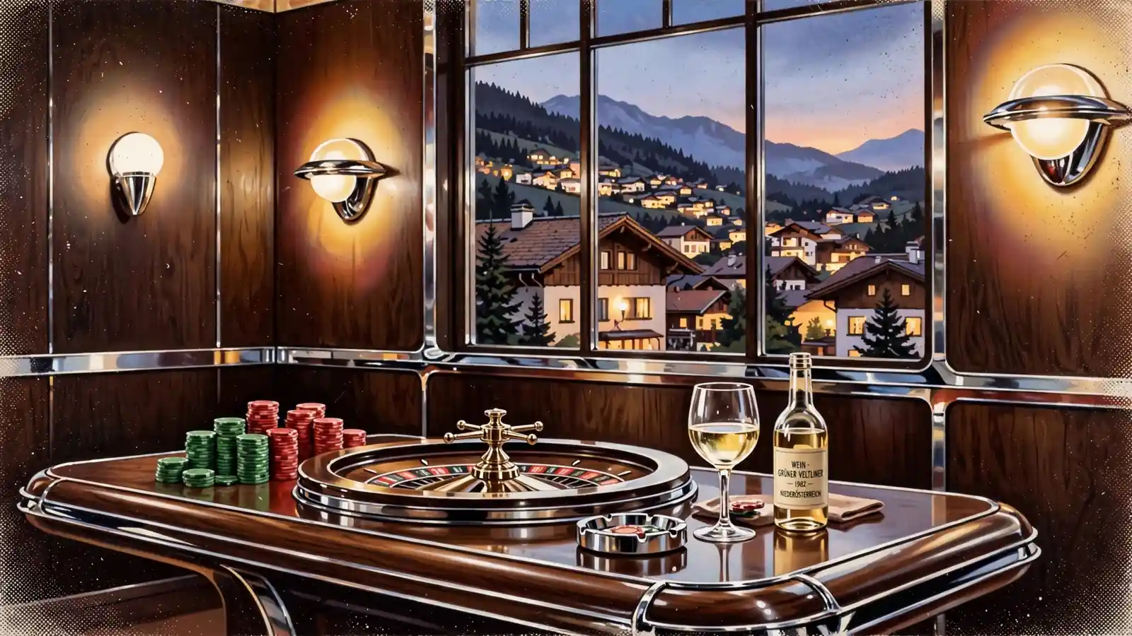 Gemütlicher österreichischer Abend mit Roulette und Spielchips auf einem Holztisch