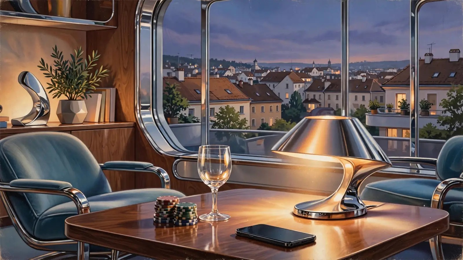 Eleganter österreichischer Loungeabend mit Spielchips, Weinglas und Blick auf Wiener Dachlandschaft.