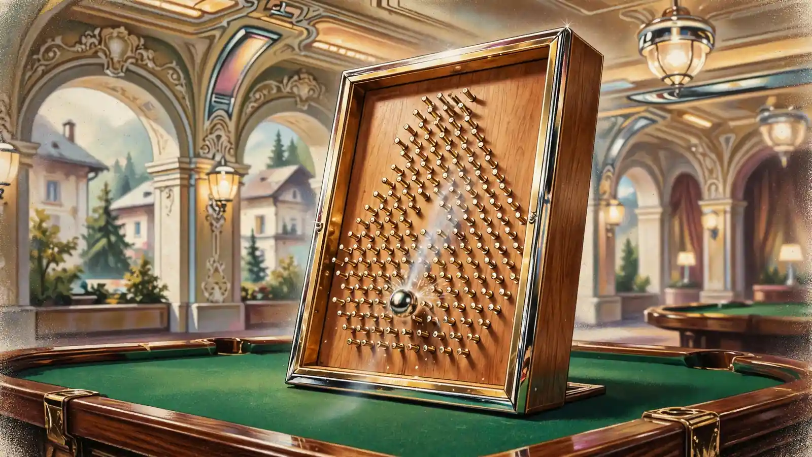 Hölzernes Plinko-Brett mit fallender Kugel auf Spieltisch in Wiener Casino-Interieur