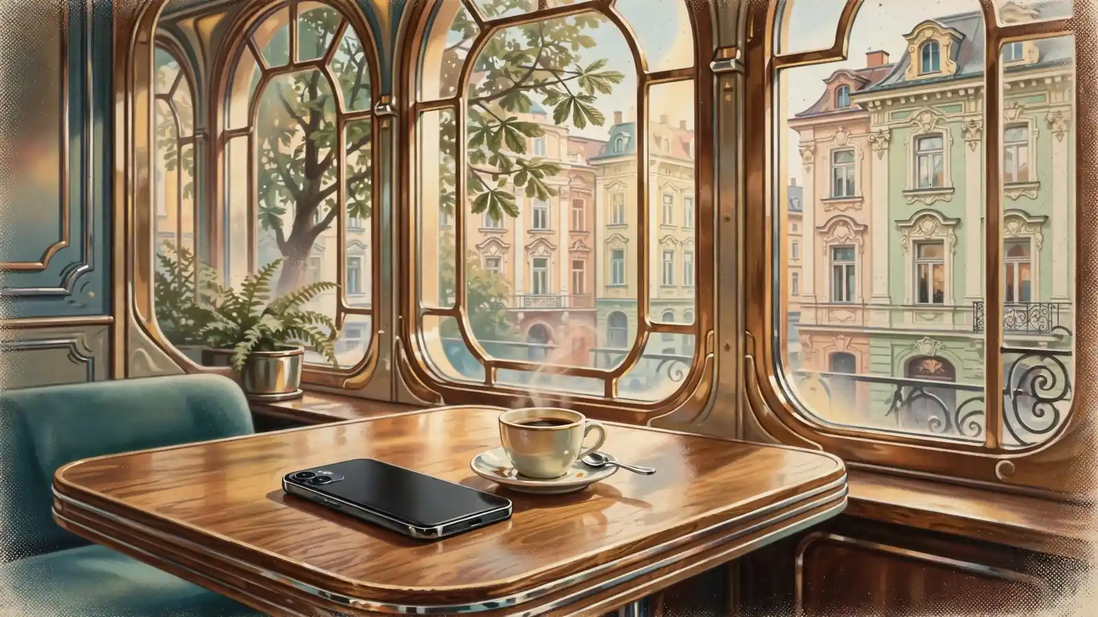 Smartphone auf einem Wiener Kaffeetisch mit Blick auf historische österreichische Fassade