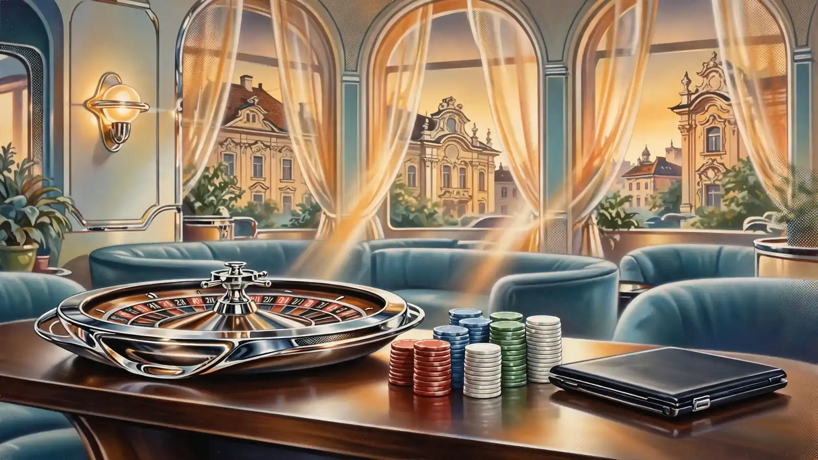Elegante Wiener Lounge mit Roulette, Spielchips und zugeklapptem Laptop auf Holztisch
