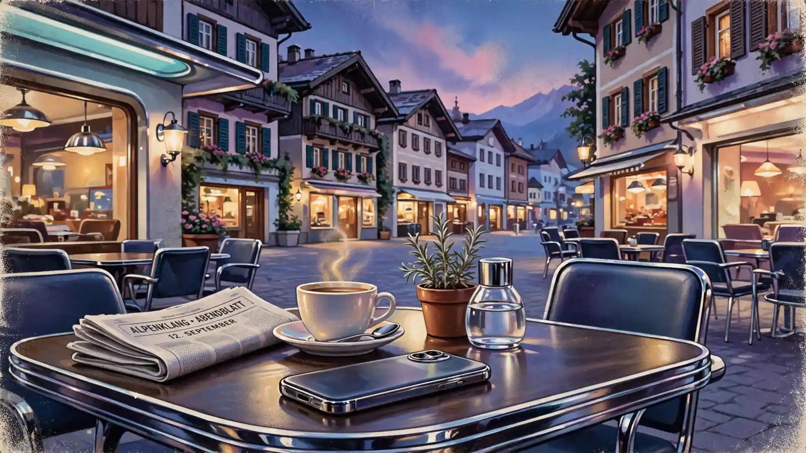Abendlicher österreichischer Stadtplatz mit Smartphone auf einem Cafétisch