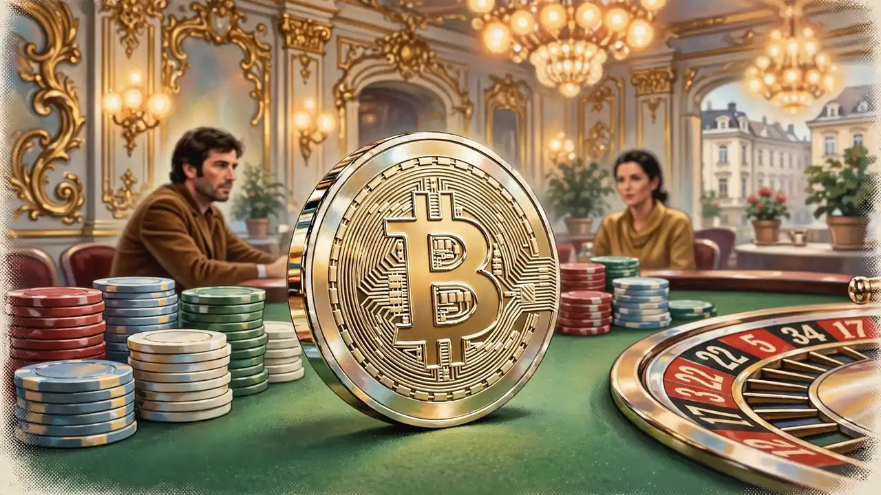 Bitcoin-Münze auf Casino-Tisch mit Chips vor Wiener Spielbank-Interieur.