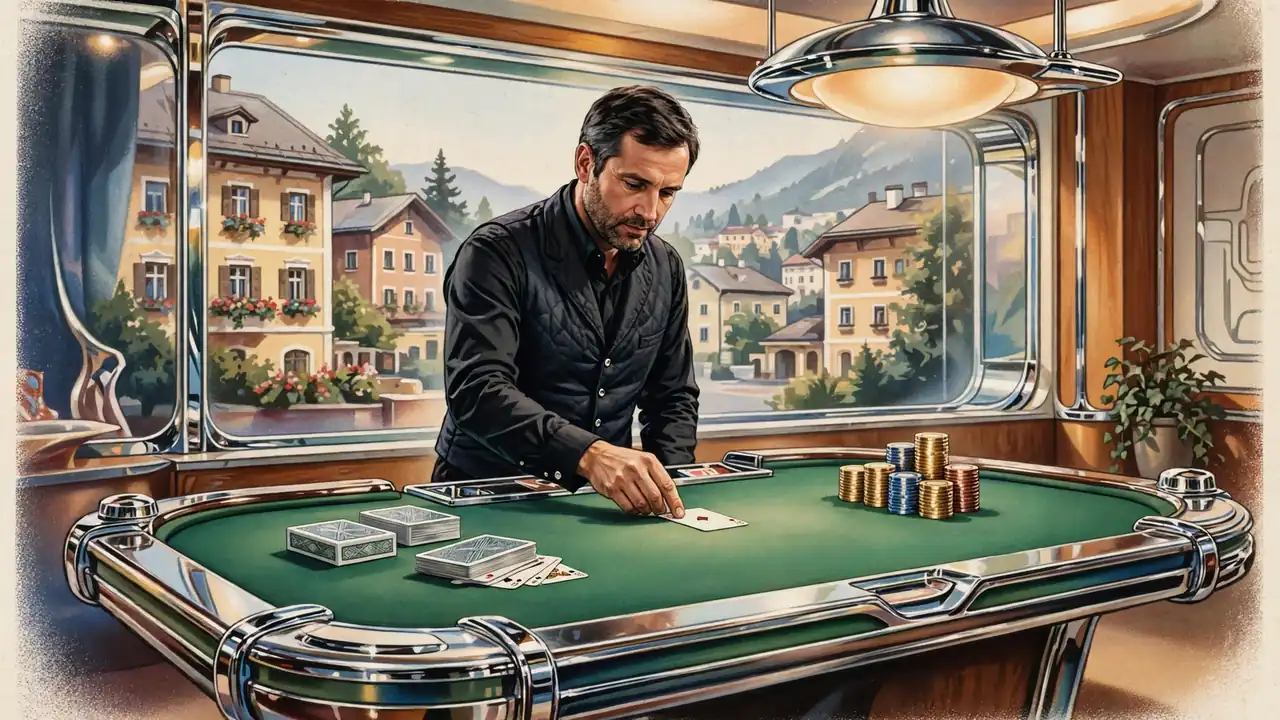 Ein professioneller Baccarat-Dealer am Spieltisch in einem Live-Casino-Studio mit Karten und Casino-Chips.