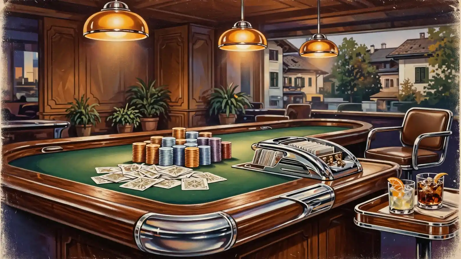 Green Blackjack-Tisch mit Chips und Karten im Casino.