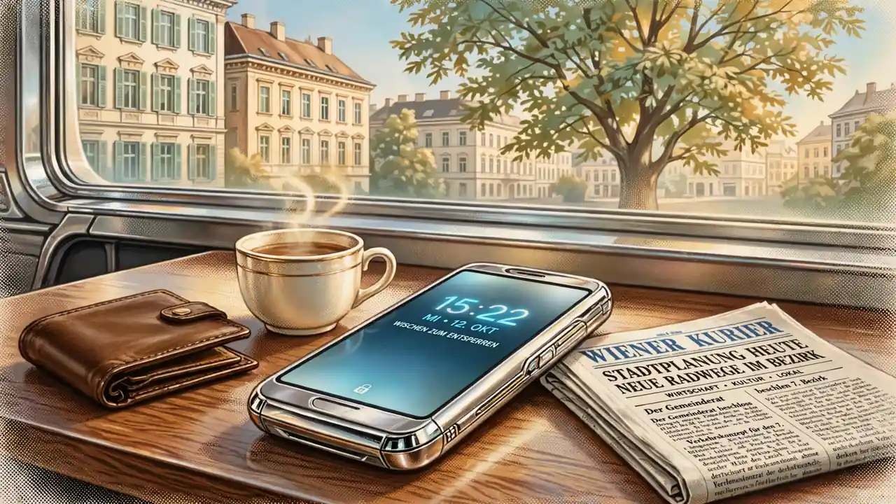 Smartphone auf einem Wiener Kaffehaustisch neben Geldbörse und Tasse
