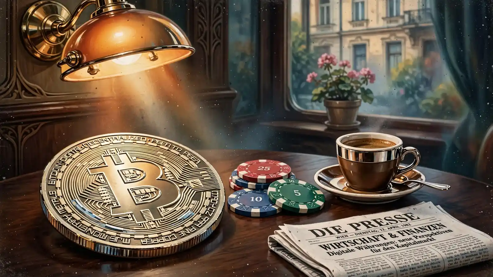 Bitcoin-Münze und Casino-Spielchips auf einem dunklen Tisch in einem Wiener Kaffeehaus
