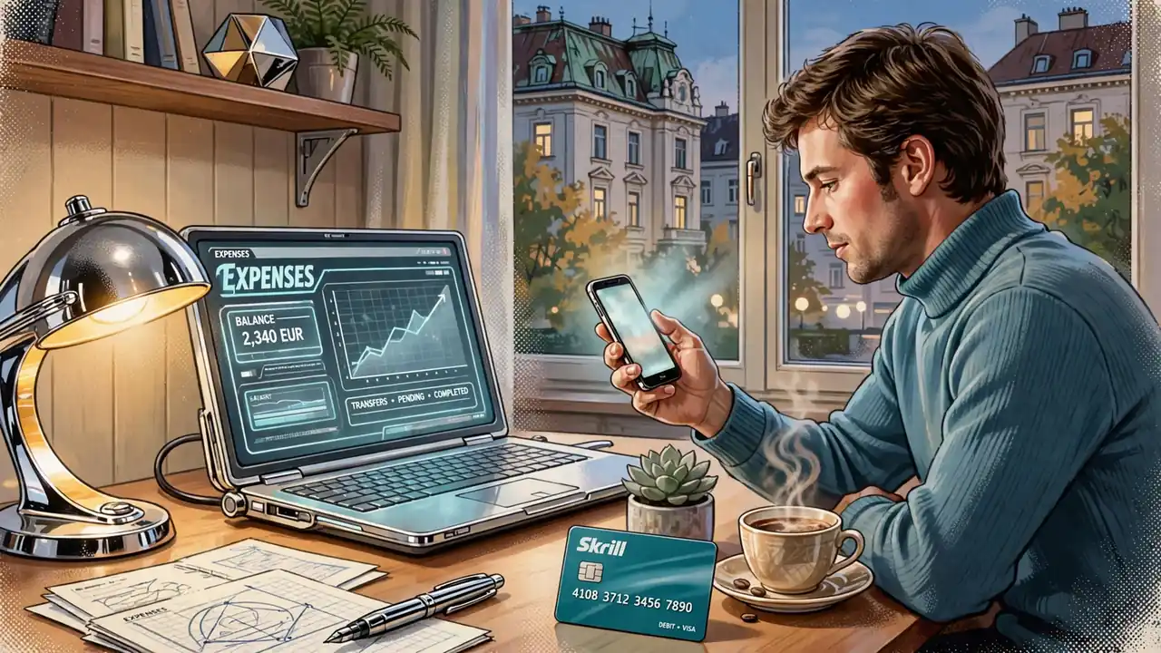 Junger Österreicher am Schreibtisch mit Smartphone, Laptop und Skrill-Karte