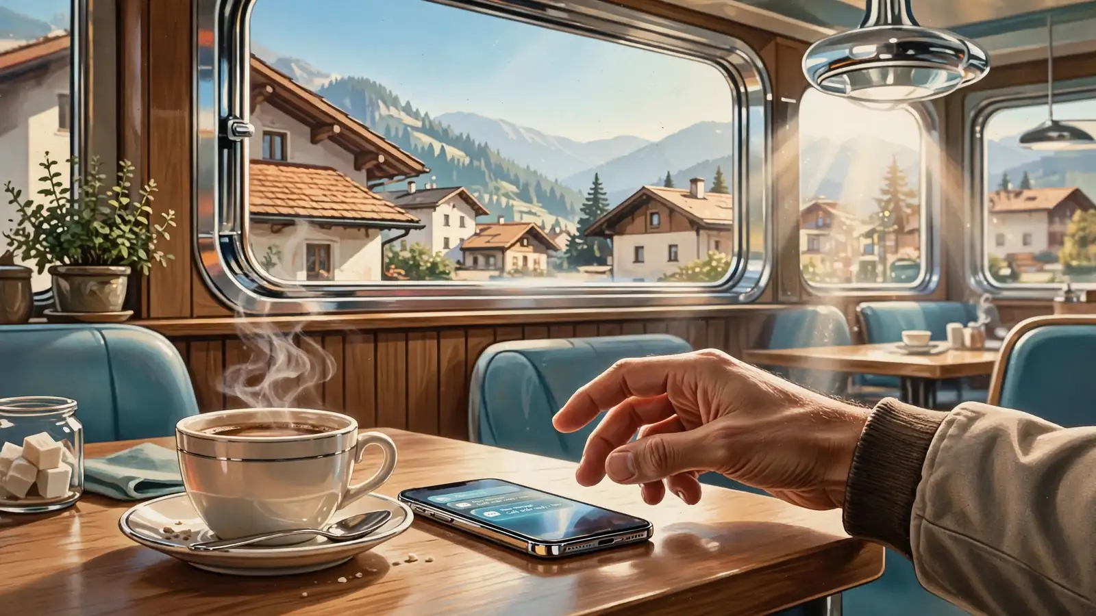 Smartphone auf einem Tisch in einem österreichischen Café bei Tageslicht.