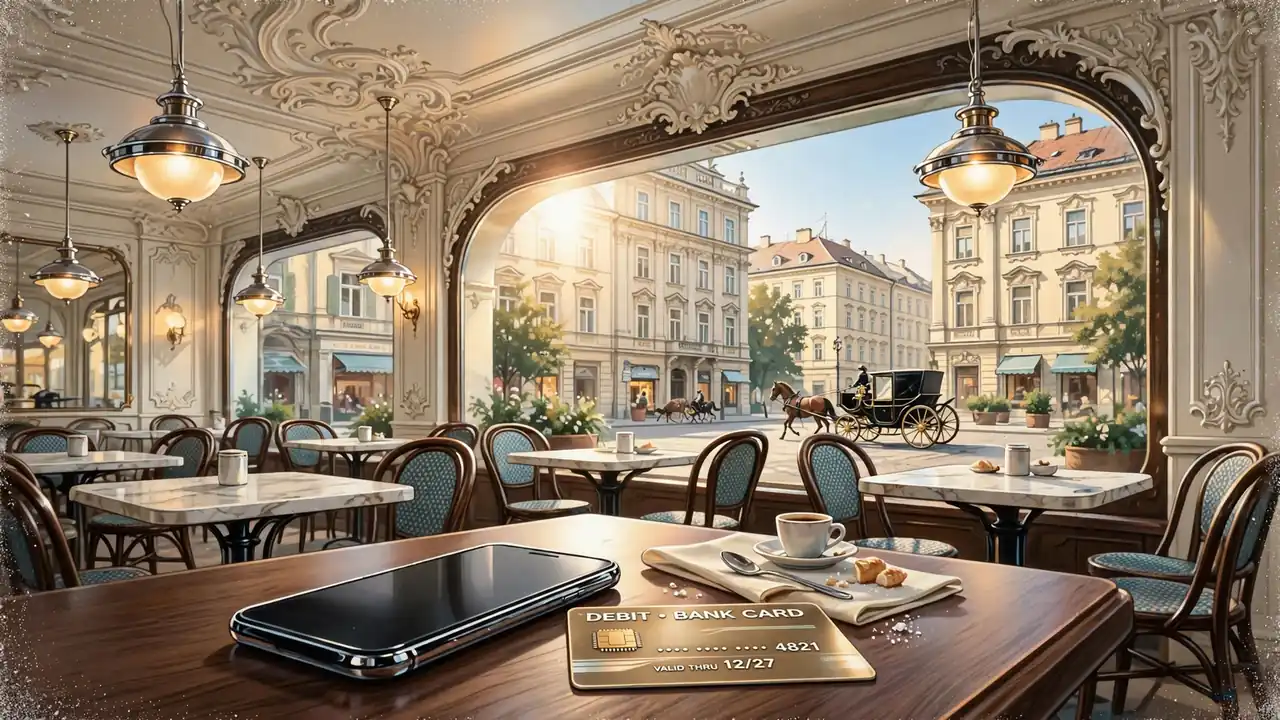 Smartphone und Bankkarte auf einem Wiener Kaffehaustisch mit Blick auf eine klassische österreichische Straße.