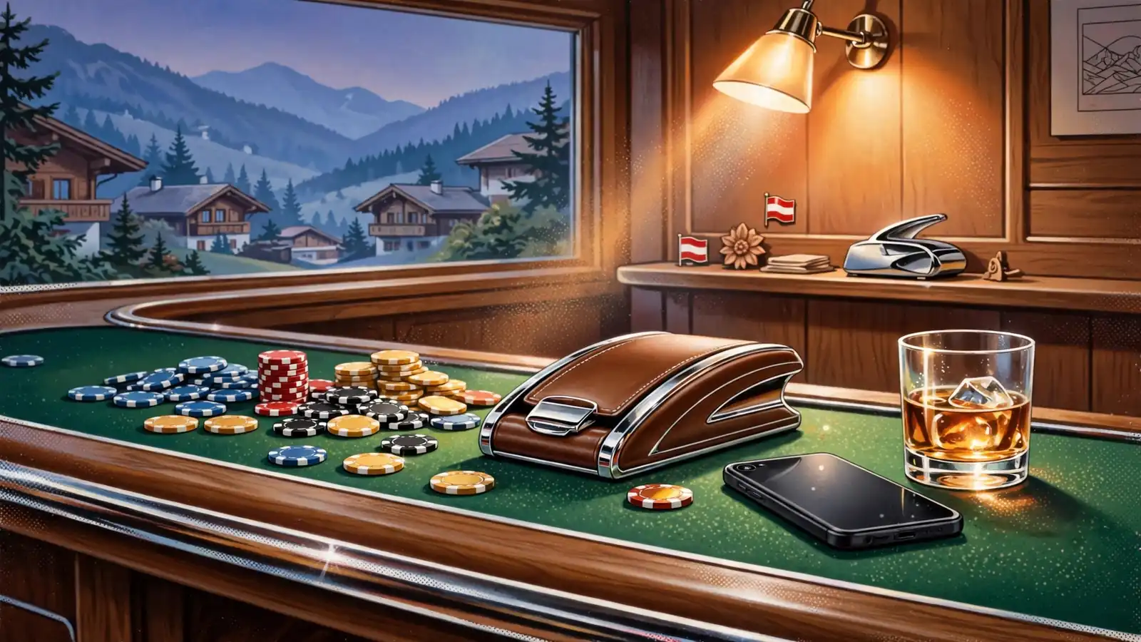 Stimmungsvolle Casino-Lounge mit Jetons, Kartenschuh und abgelegtem Smartphone in Österreich-Ambiente