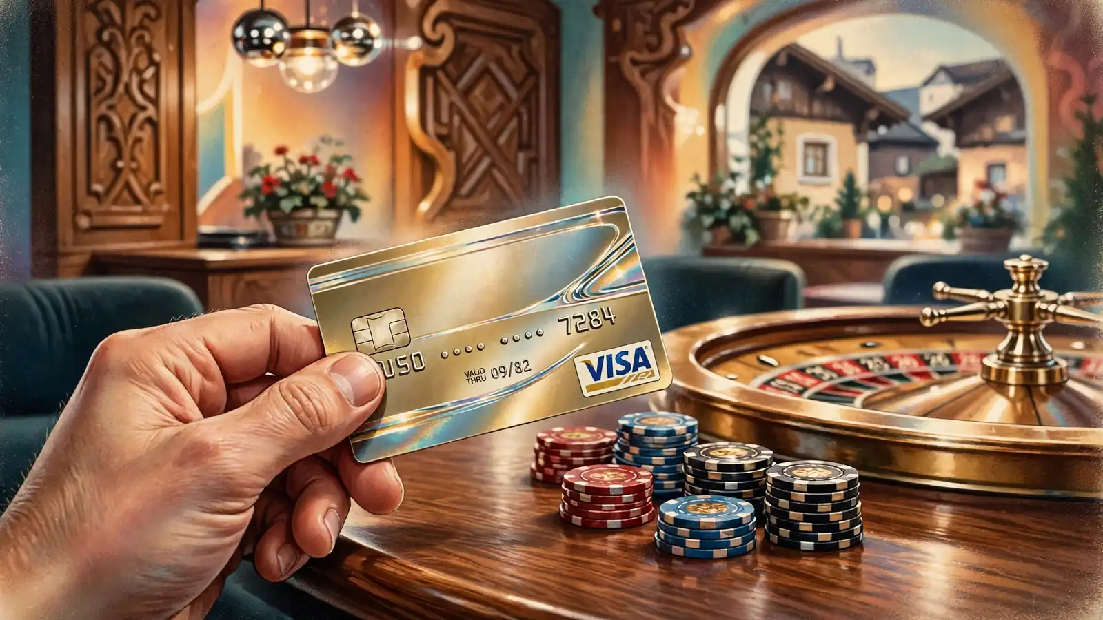 Visa-Kreditkarte und Casino-Chips auf einem Spieltisch