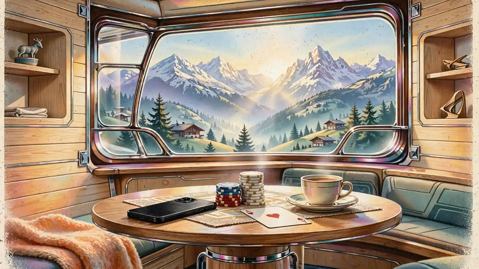 Alpenstil-Wohnzimmer mit Holzvertäfelung, Casino-Chips, Spielkarte und Smartphone auf dem Tisch