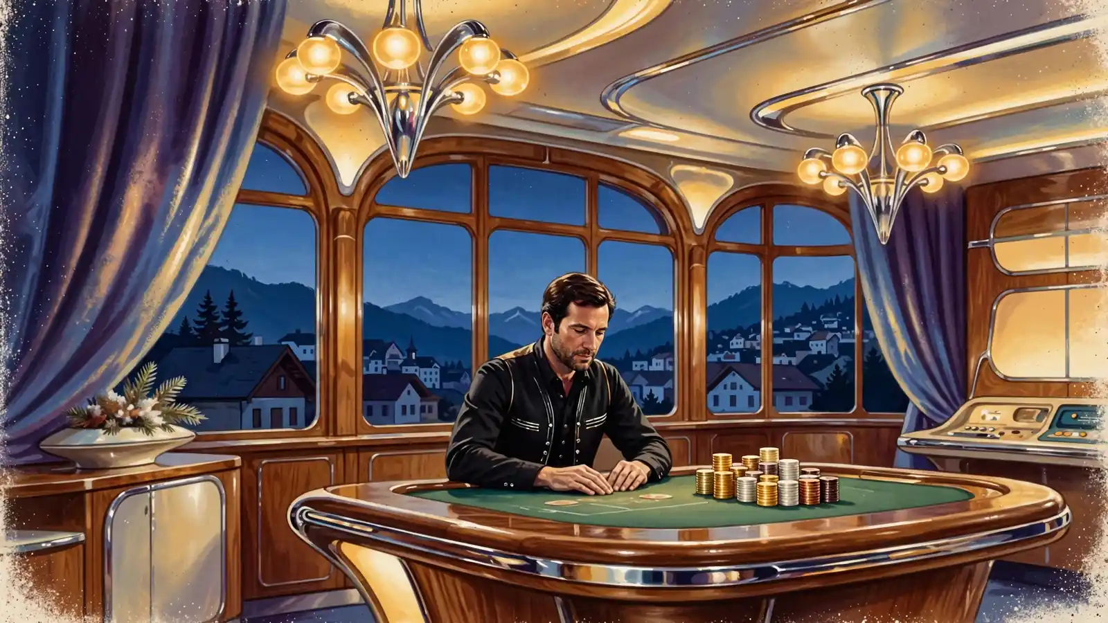 Elegantes österreichisches Casino-Lounge bei Abendlicht mit Spieltischen und Alpenblick