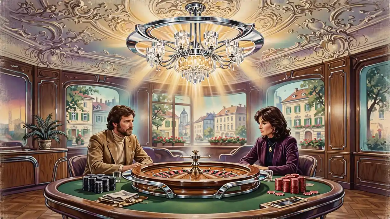 Elegante Casino-Lounge mit Rouletterad und Spielchips unter einem Kronleuchter.