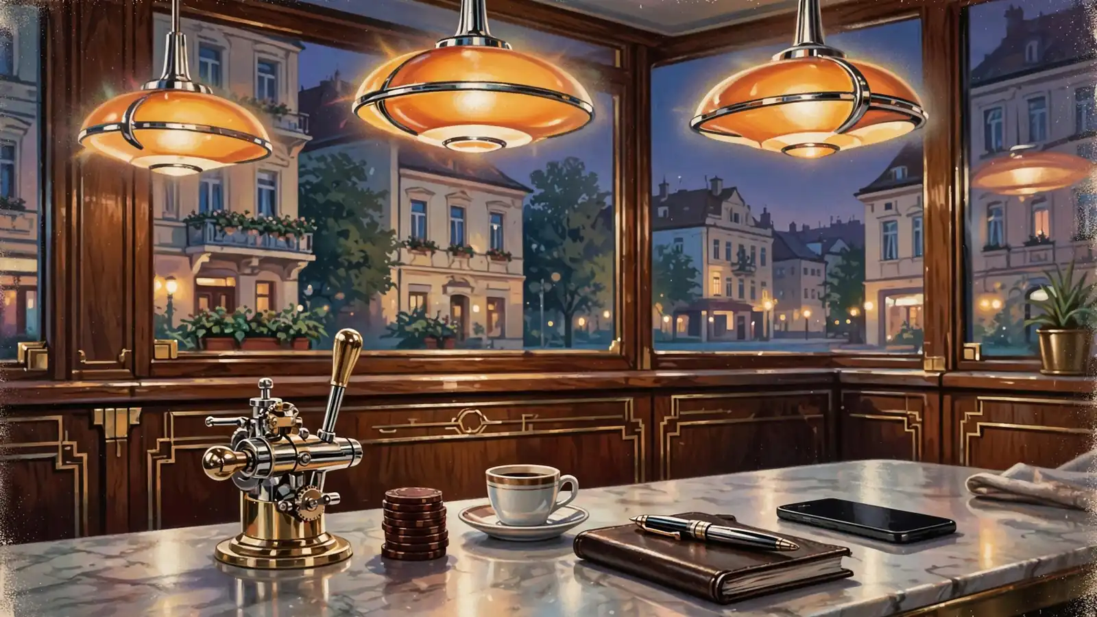 Abendliche Atmosphäre in einem Wiener Kaffeehaus mit Spielchips und Smartphone