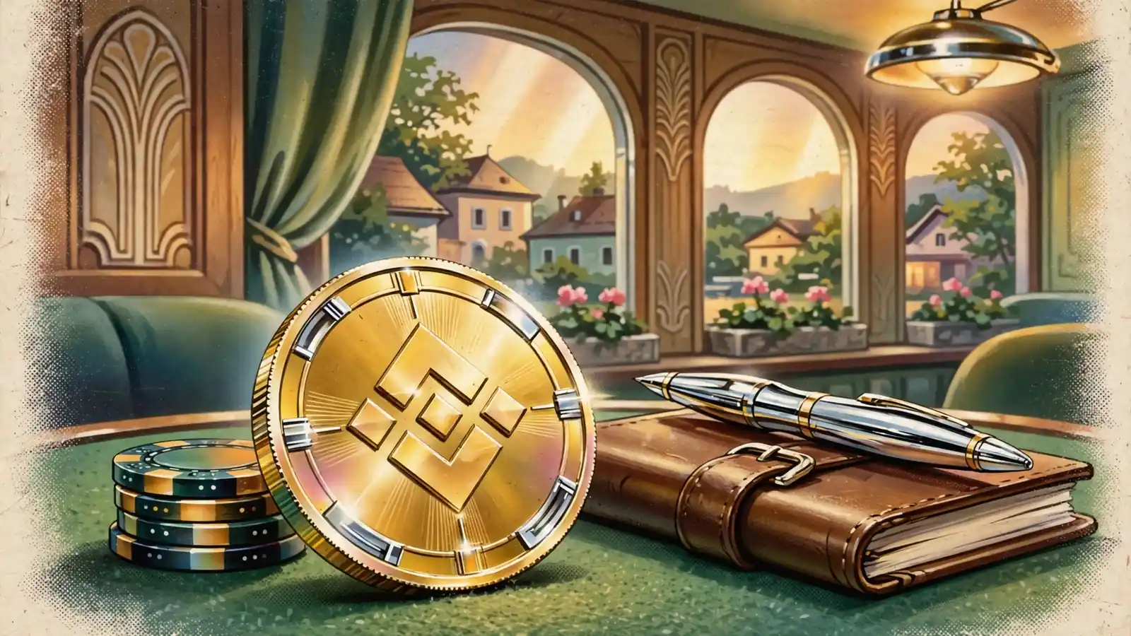 Goldene Kryptomünze auf grünem Filztisch mit Spielchips und Notizbuch