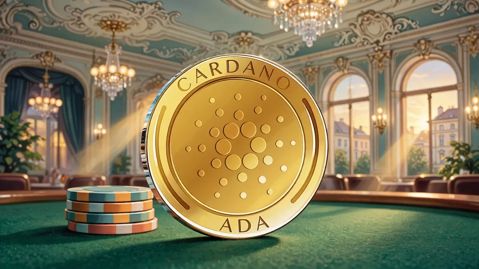 ADA-Münze auf Casinotisch in Wiener Spielbank mit Kronleuchtern