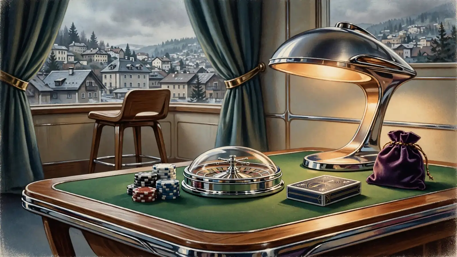 Stapel Casino-Chips und Roulettekessel auf einem Tisch, alpine Dächer Österreichs im Fenster.