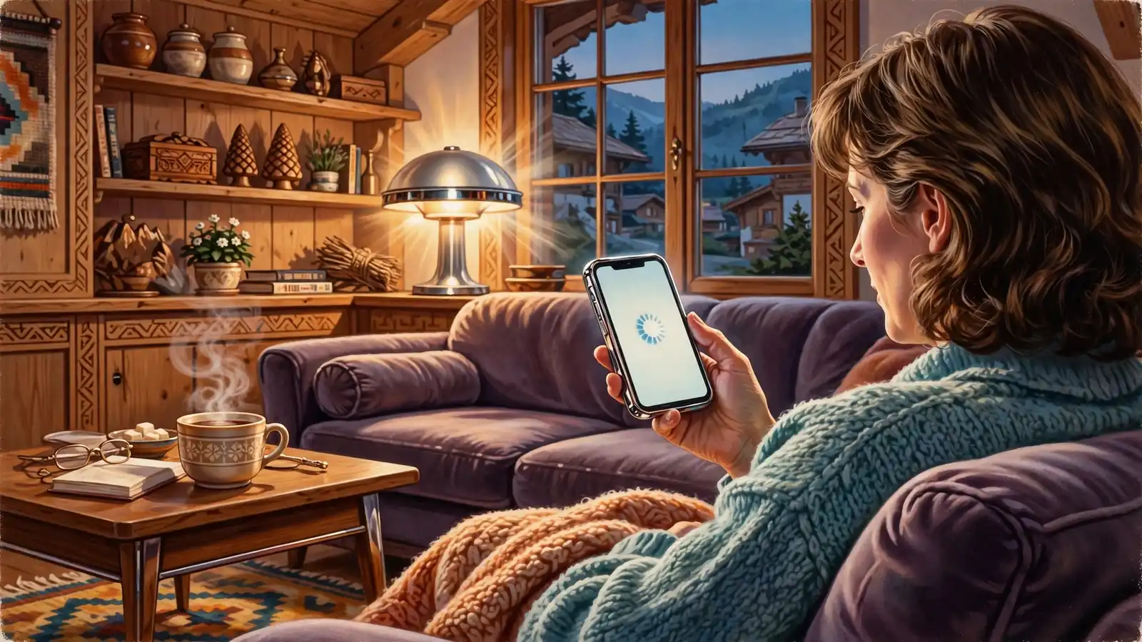 Abendliche Atmosphäre im Wohnzimmer, Person mit Smartphone bei Kaffee.