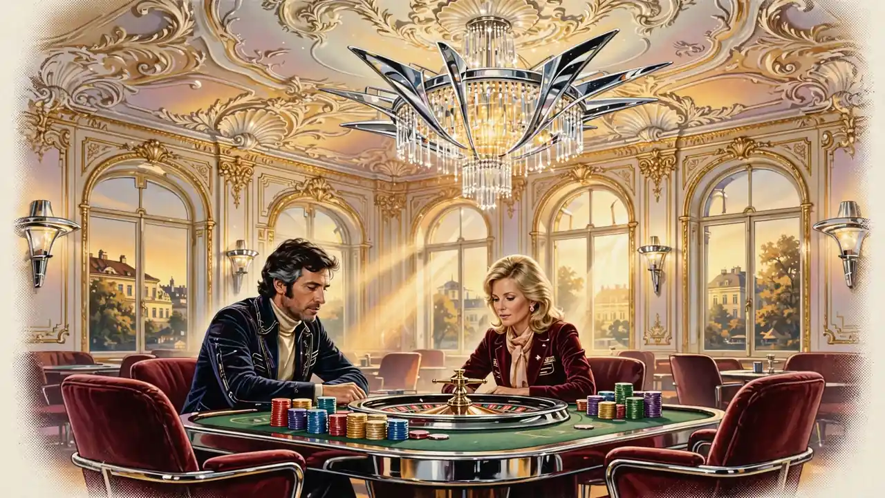 Österreichische Casino-Lounge mit Roulettetisch, gestapelten Spielchips und warmem goldenem Licht