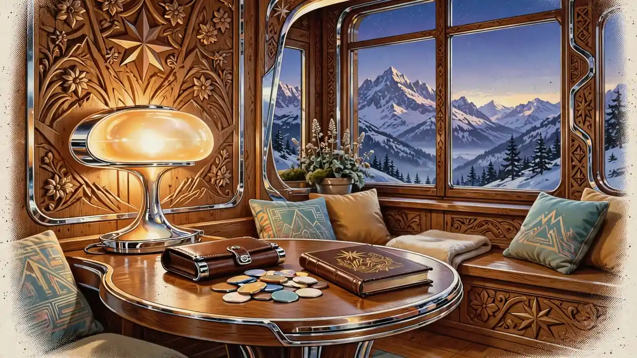 Gemütliche österreichische Alpenstube mit Spielchips und goldenem Buch