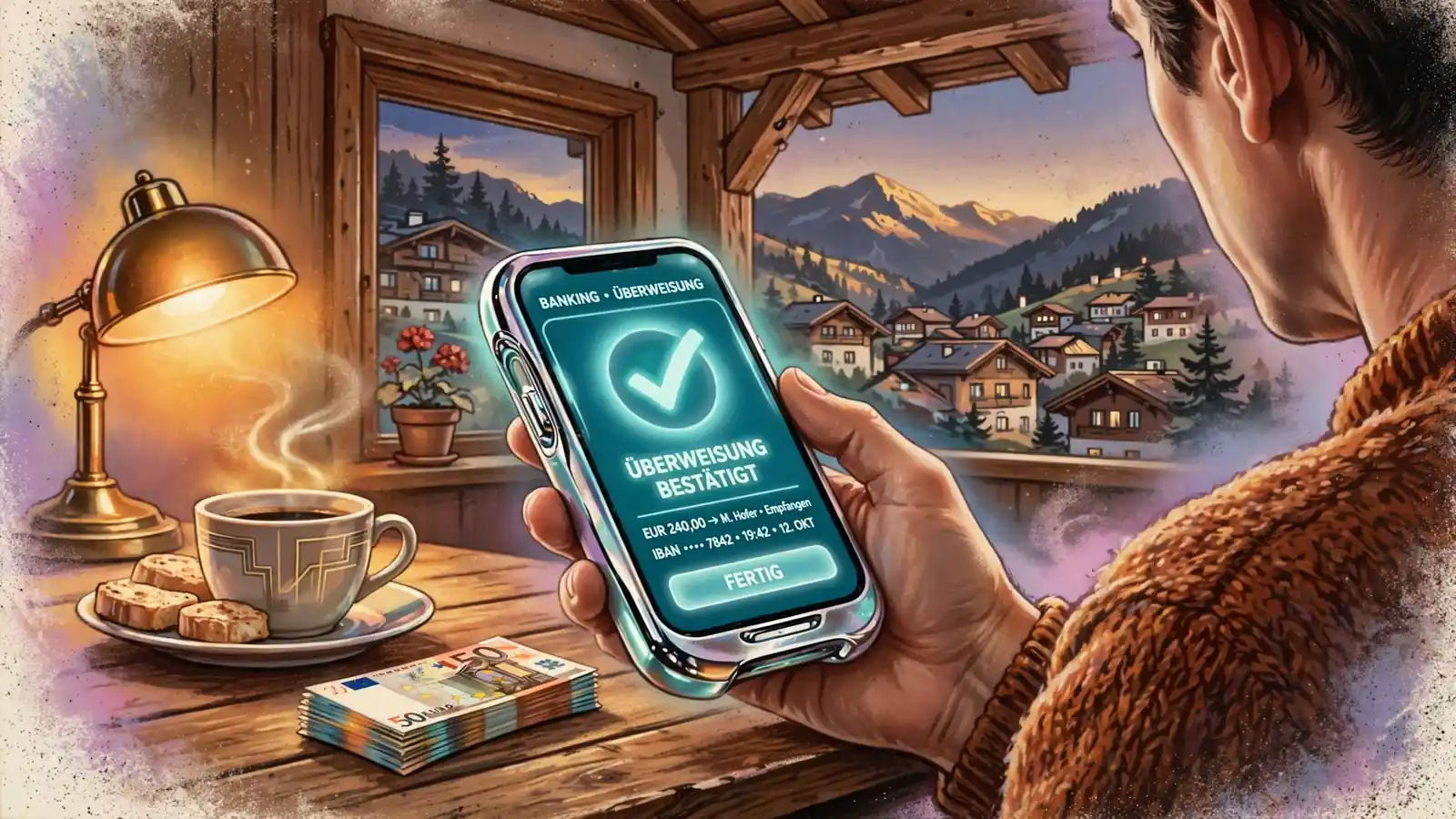 Hände halten Smartphone mit Banking-App auf Tisch in österreichischer Wohnung.