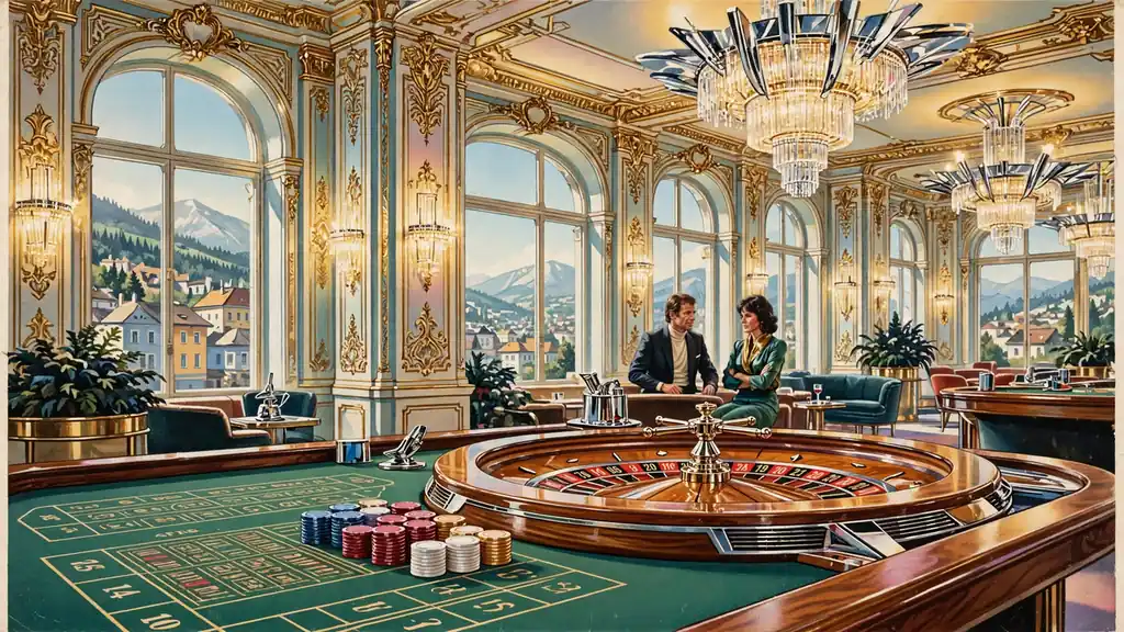 Elegantes österreichisches Casino mit Roulette-Tisch und klassischer Wiener Innenausstattung