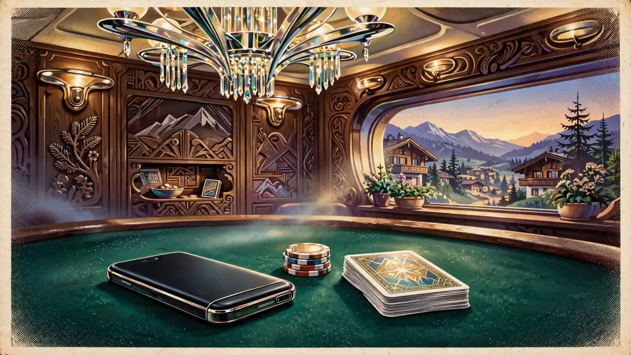 Smartphone mit Casino-Chips und Karten auf einem Filztisch in elegantem Wiener Ambiente
