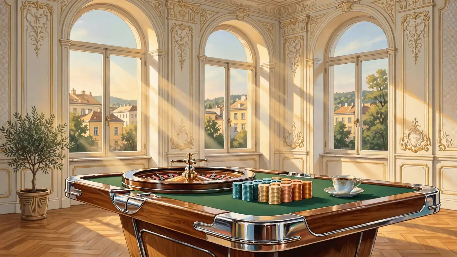 Eleganter Wiener Spielsaal mit Roulette, gestapelten Chips und Kaffeetasse im warmen Nachmittagslicht