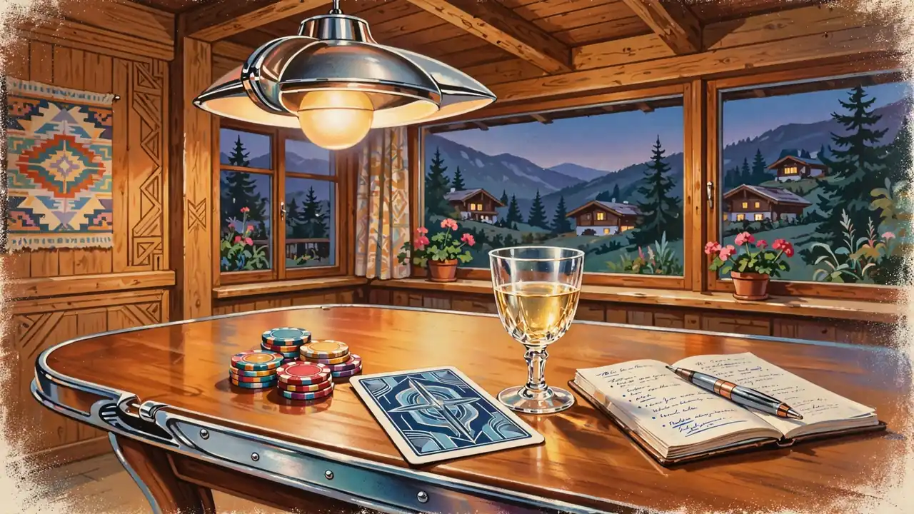 Abendliche Szene in einem österreichischen Wohnzimmer mit Casino-Chips und Spielkarte auf einem Holztisch.