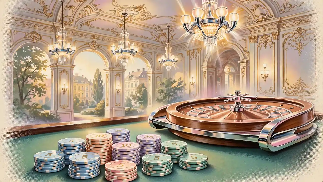 Stapel kleiner Casino-Chips auf grünem Filztisch neben Roulette-Rad in elegantem österreichischem Spielsaal mit Kronleuchter.