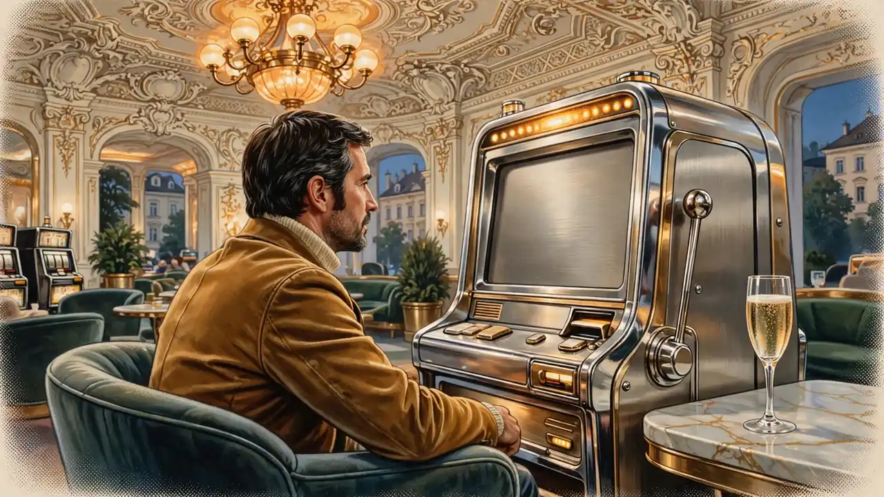 Spieler an einem Spielautomaten in einem eleganten österreichischen Casino mit warmem Kronleuchterlicht