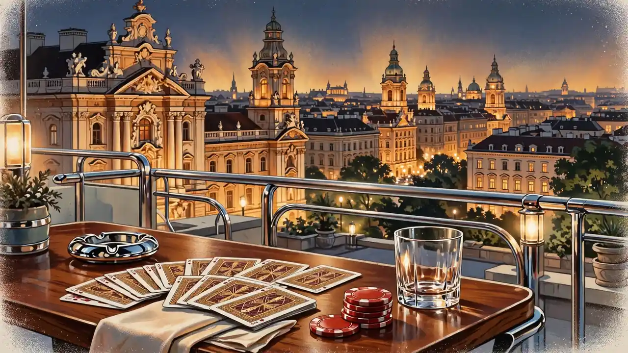 Casino-Tisch mit Spielkarten und Jetons vor beleuchteter Wiener Barockarchitektur bei Abendlicht