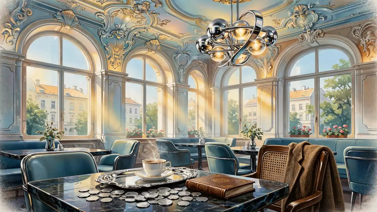 Wiener Kaffeehaus mit Stucco-Decke, Marmortisch und Metallmünzen