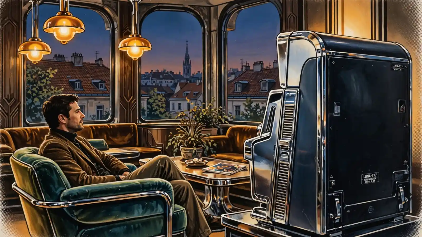 Abendliche Atmosphäre in einer österreichischen Spielbank-Lounge mit klassischem Spielautomaten und Wiener Dachlandschaft