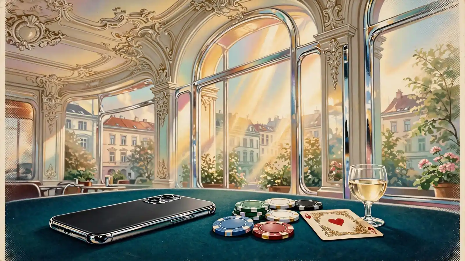 Smartphone auf Filztisch mit Casino-Chips und Weinglas in Wiener Kaffeehaus