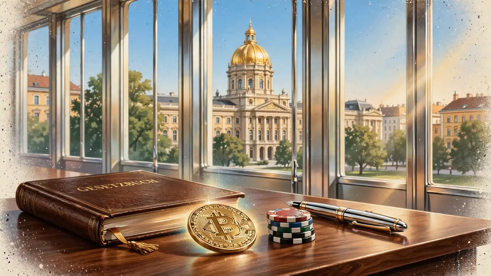 Wiener Regierungsgebäude mit Bitcoin-Münze und Casino-Chips auf Schreibtisch