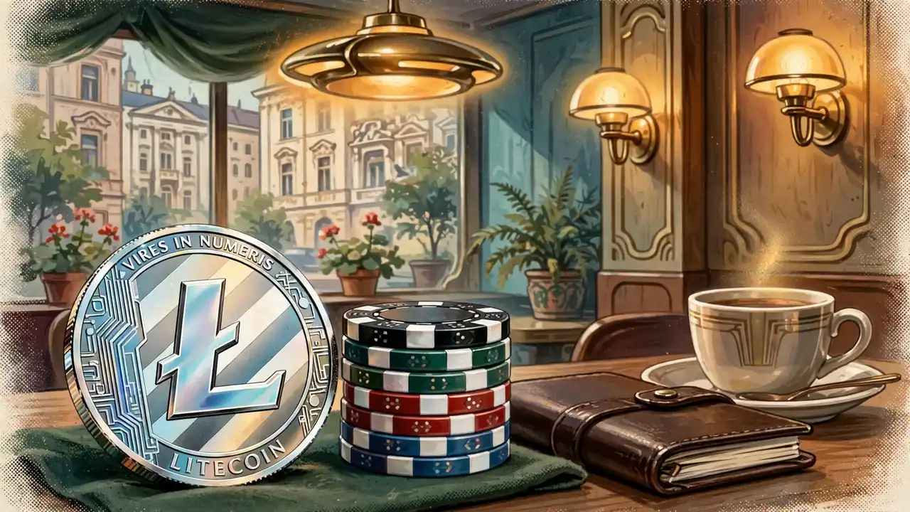 Litecoin-Münze auf Casino-Filz in Wiener Kaffeehaus-Atmosphäre