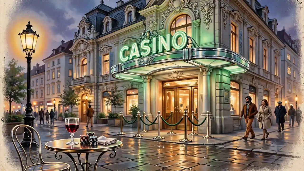 Historisches Casino-Gebäude in Österreich am Abend mit Spielchips auf dem Tisch.
