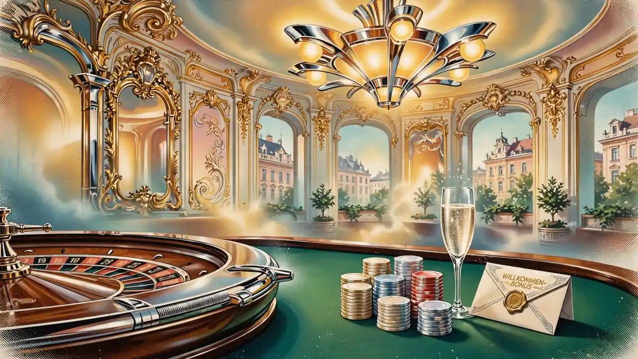 Roulette-Tisch mit Jetons und Sektglas in einem Wiener Spielsaal