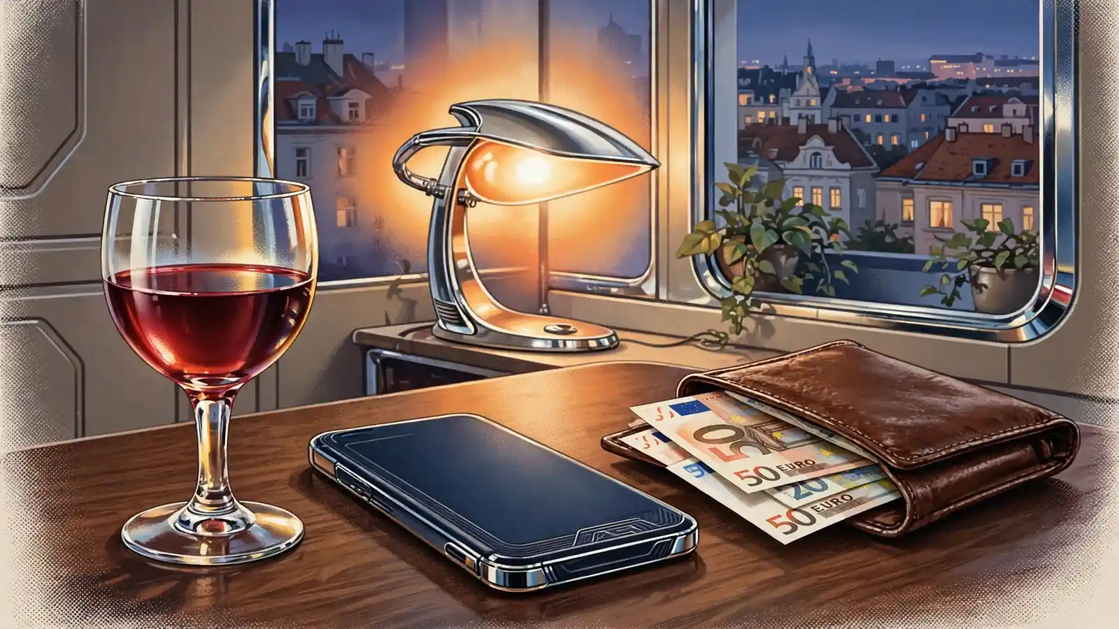 Abendliche Szene mit Smartphone, Geldbörse und Weinglas in Wiener Wohnung.