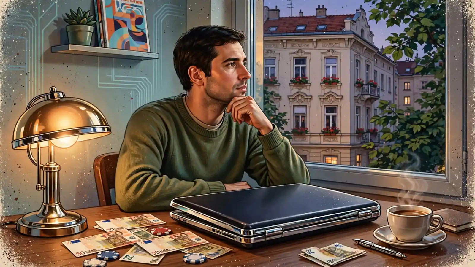 Spielszenen-Chips und Euro-Scheine auf Schreibtisch vor Laptop in Wiener Wohnung