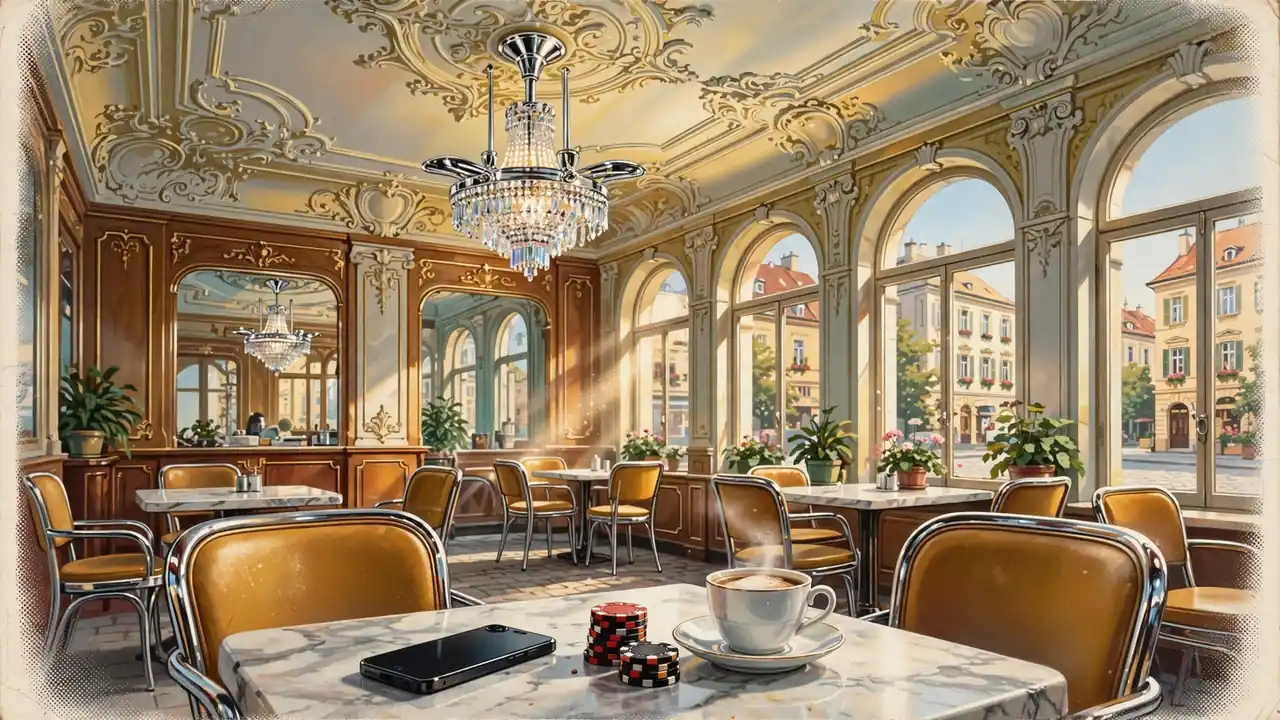 Smartphone und Pokerchips auf einem Tisch im Wiener Kaffeehaus