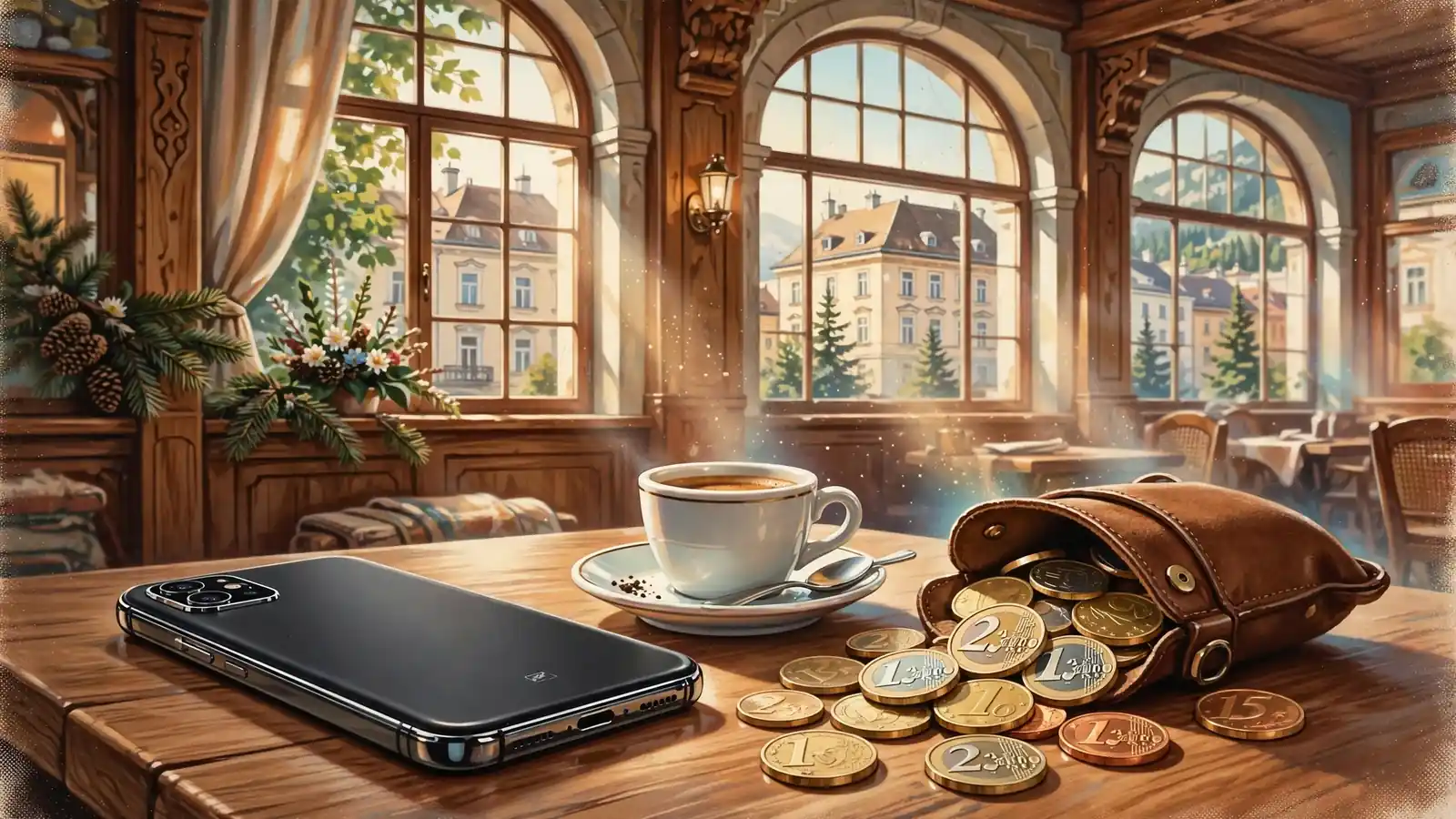 Smartphone auf Wiener Kafeehaustisch mit Euromünzen und Espresso