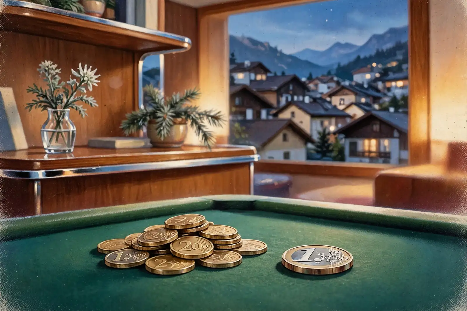 Ein-Euro-Münzen auf grünem Spieltisch in einem österreichischen Wohnzimmer